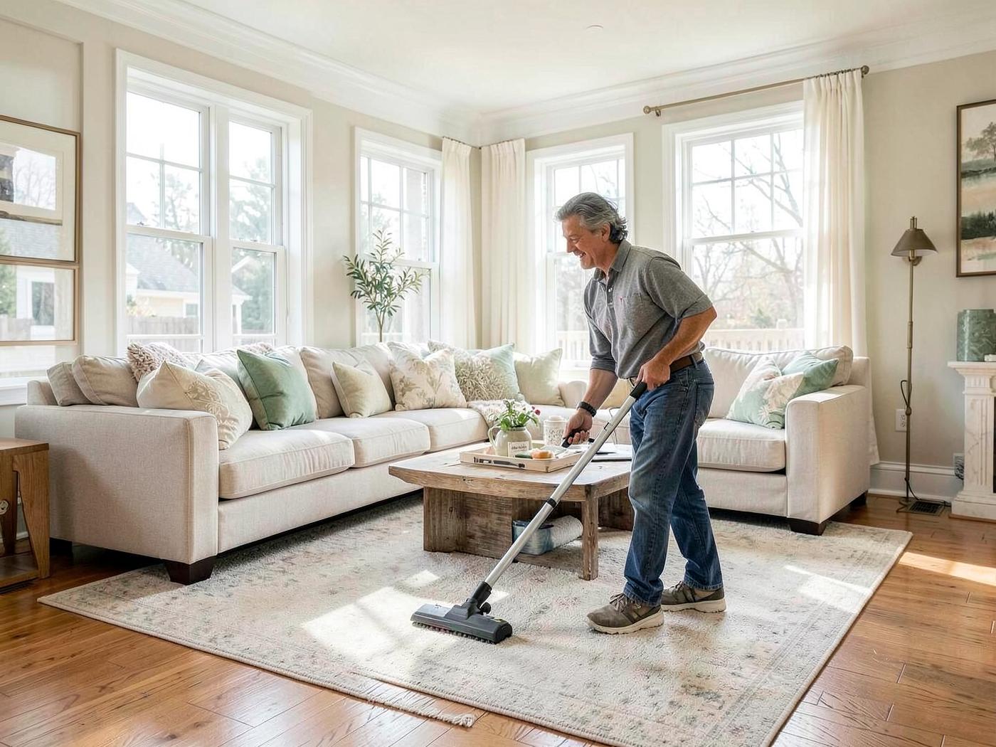 Professional cleaner vacuuming a bright living room