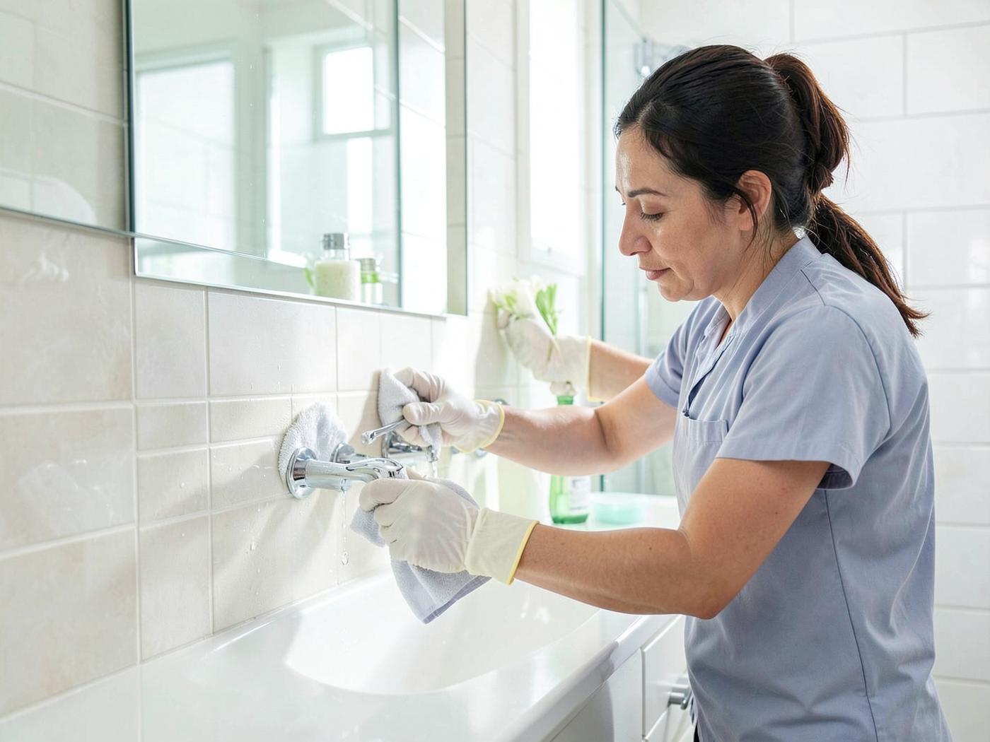 Professional cleaner detailing a bright bathroom